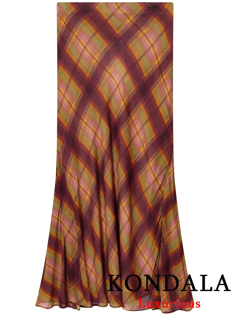 

KONDALA Vintage Elegant Chic Women Skirt Plaid Zipper Long Straight Slim Skirt New Fashion 2025 Autumn Holiday Long Skirt