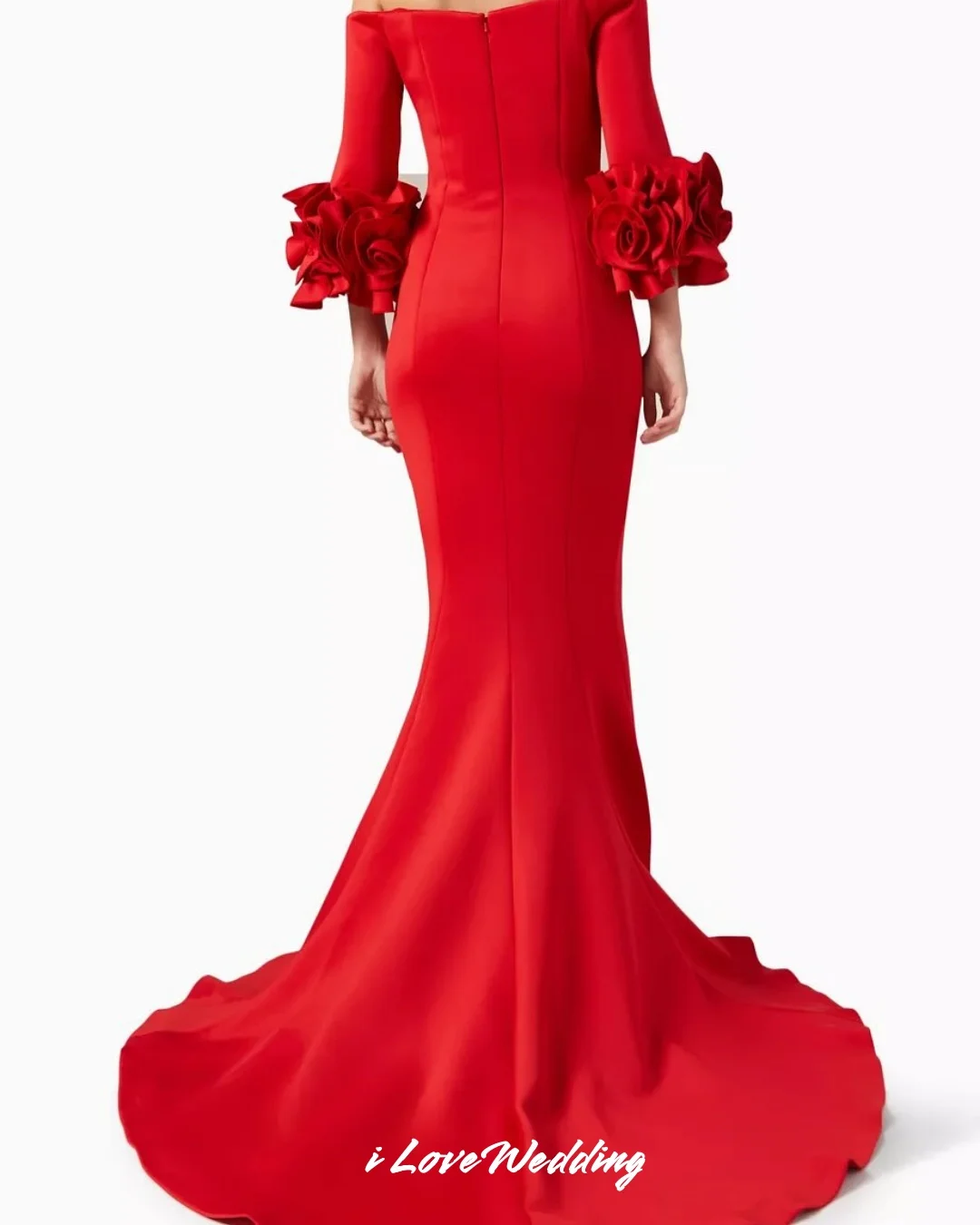 فستان سهرة أحمر بدون حمالات 2025 ساتان بدون أكتاف 3/4 كم زهرة حورية البحر طول الأرض سويب تراين فستان مطوي حسب الطلب