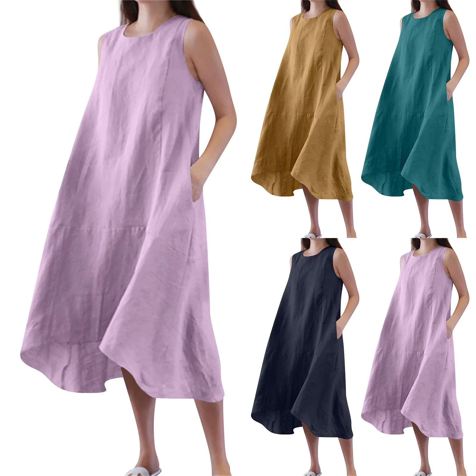 Women's Loose Irregular Hem Large Swing Sleeveless O-neck Loose Solid Color Elegant Cotton Linen Dress Fashion Daily Long Skirt