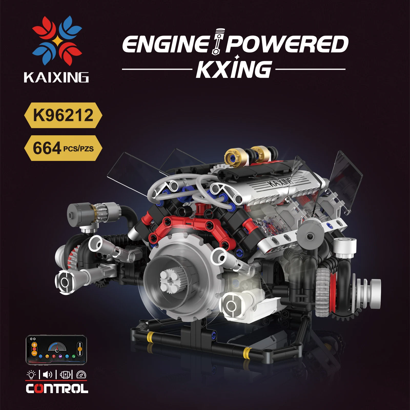 Motor de supercoche K96212 F + 1, 664 Uds., bloques de construcción V8, simulación DIY, modelo de luz LED y Control por aplicación, programación, ladrillos de accionamiento de Motor
