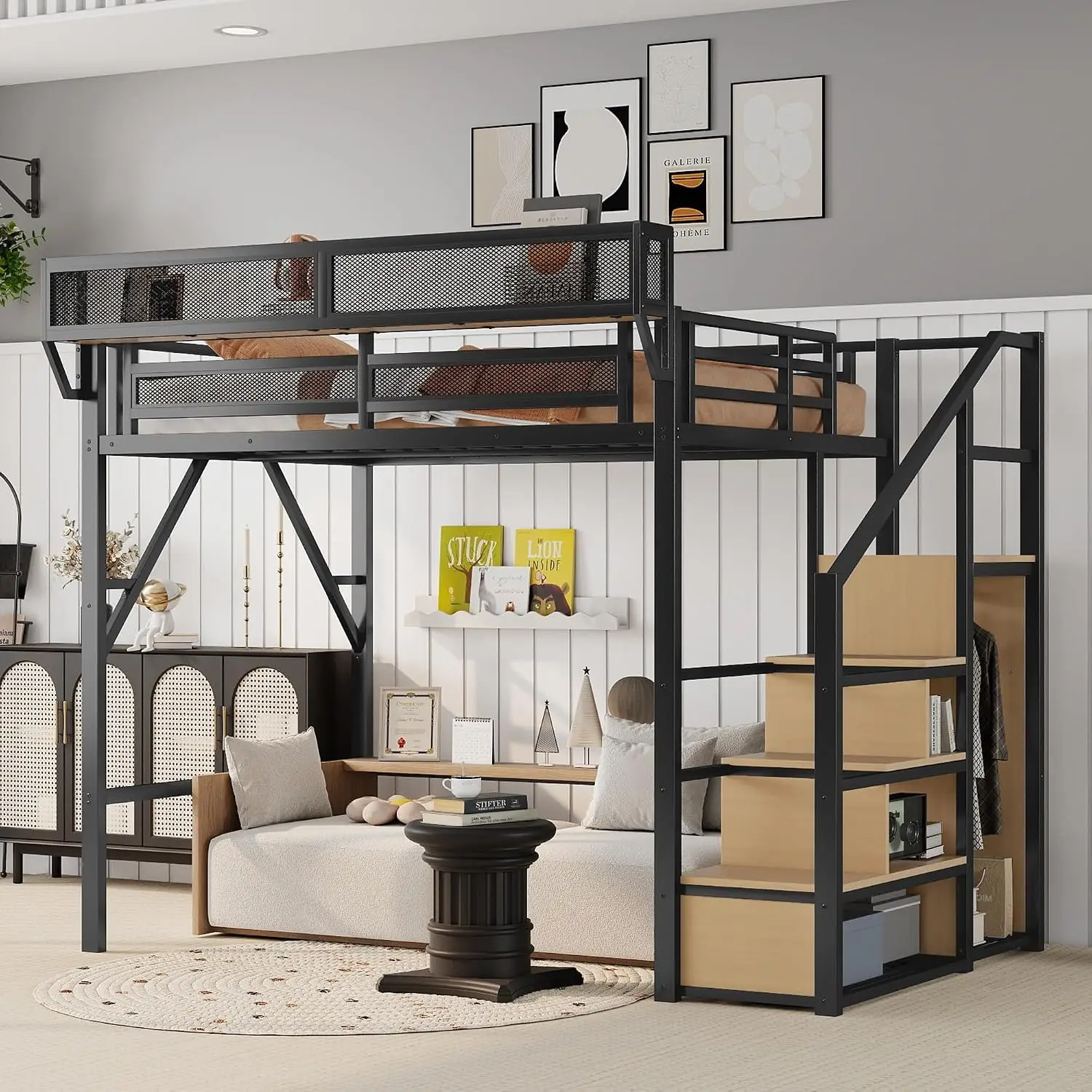 KEIKI Twin Size Metal Loft Bed Frame with Storage Staircase & Built-in Desk & Wardrobe, Loft Bed with Pegboard & Mesh Storage Ba