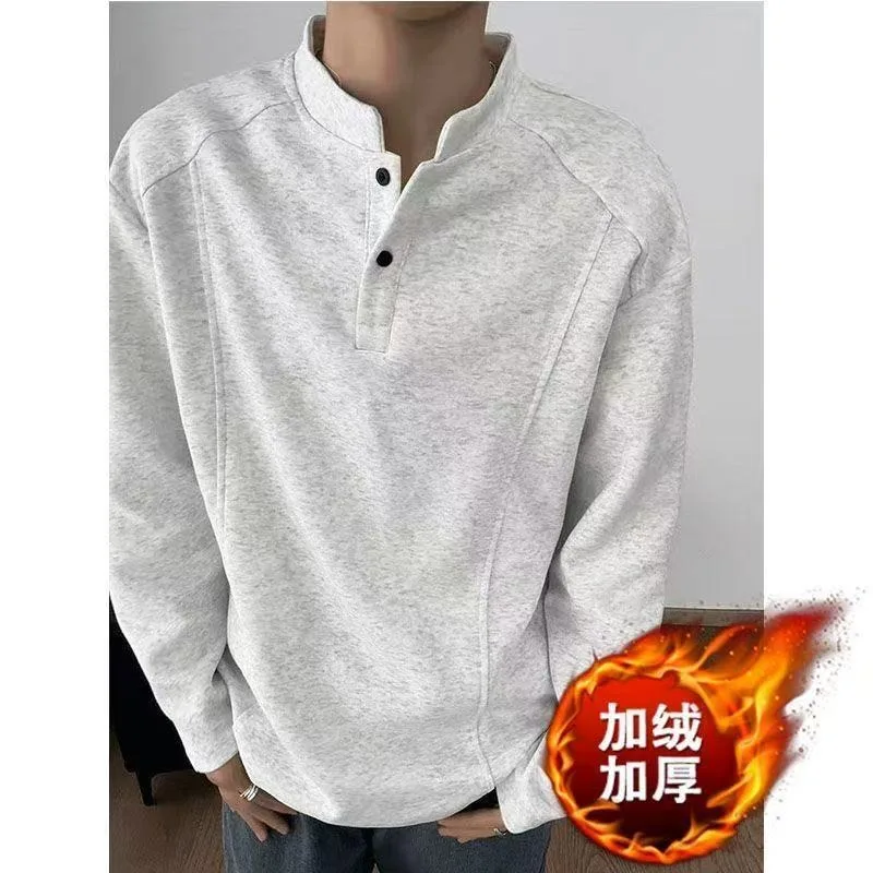 Autumn WinterMen Fleece Lined Henry Collar Sweatshirts Splicing Button Placket Casual Pullover Outdoors Thicken Sporty Hoodies