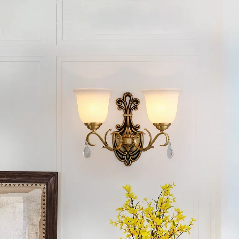 American all-copper wall lamp European retro living room background wall decoration aisle lamp