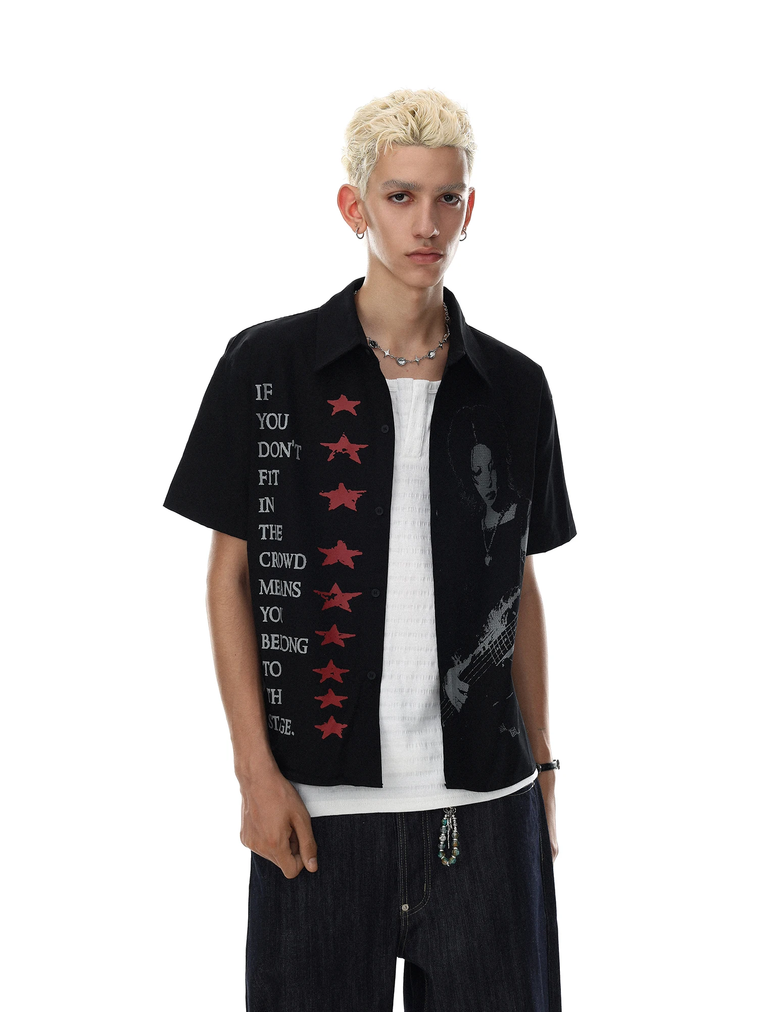MR NEARLY American Retro Dark Style Portrait Print Short Sleeve Men's Street Vintage Shirt Trendy Loose Fit Cotton Breathable