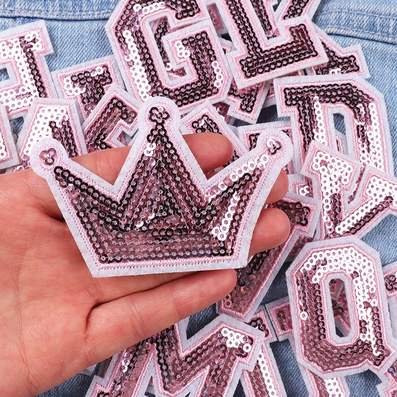 Pink A-Z Sequins English Letter Patches For Clothing Hat Jacket Shose Sew Embroidery Applique Patches On Clothes Decorate DIY