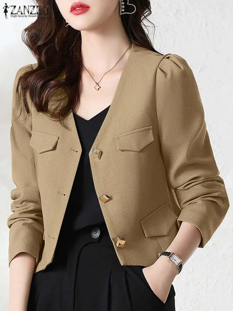 ZANZEA Fashion Cropped Blazer Woman Long Sleeve V-Neck Jackets Autumn Elegant Button Outwear Female OL Work Thin Coat Oversized