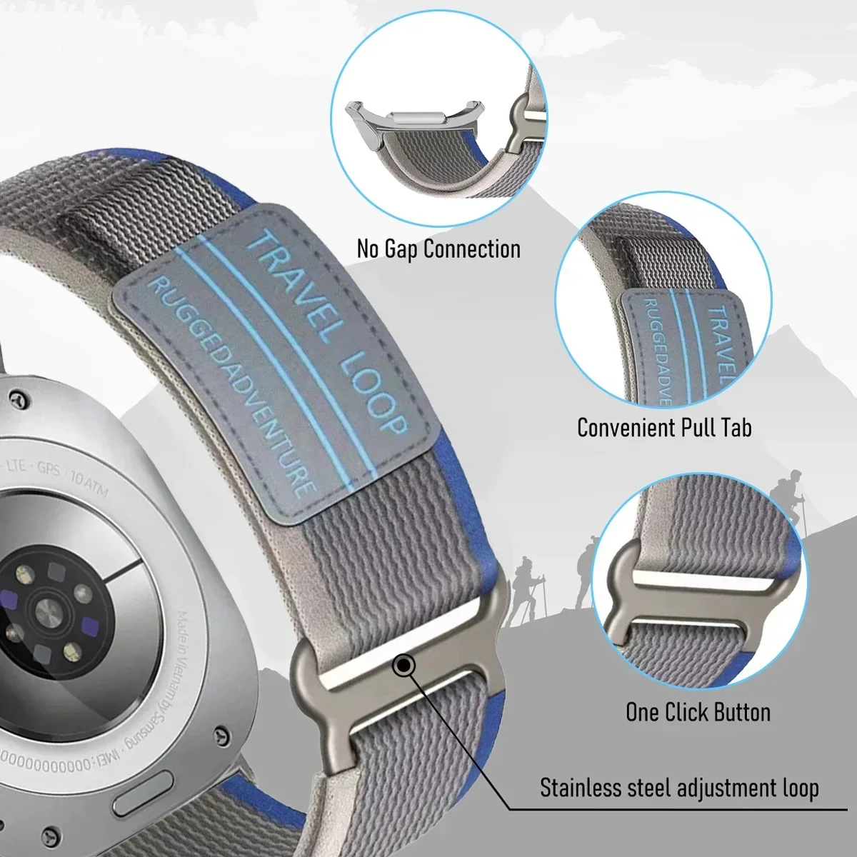 النايلون السفر حلقة حزام لساعة سامسونج جالاكسي 7 الترا 47 مللي متر الرجال الرياضة الفرقة ل غالاكسي 7 47 مللي متر الترا لا فجوات منحني نهاية سوار
