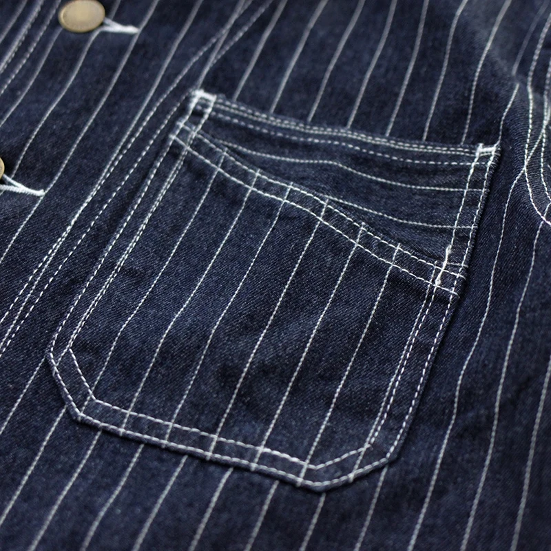 

Retro Japanese Sle Men's Workwear irt Heavyweight Original Color Striped Button-Up Denim Jaet Spring Autumn Youth Faion