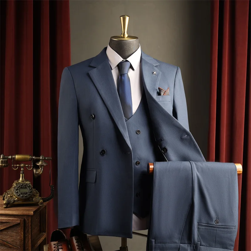 

KIDWHXR Man 3-piece Suit Sets British Style Striped Slim Male Outfit Double-brasted Long Sleeve Pocket Wedding Groom Men Suits