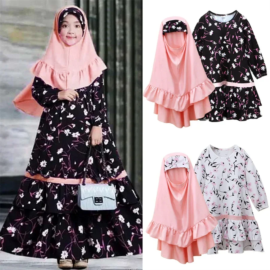 Abaya-Robe de prière maxi à imprimé de fleurs pour filles musulmanes, ensembles de foulards de sauna, robe arabe islamique pour enfants mignons, Kaftan de Dubaï, vêtements de Ramadan, Hijab