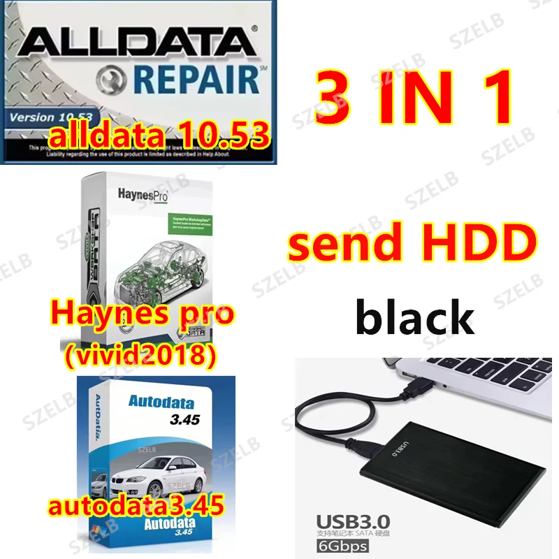 Autodata 3.45+ Haynes Pro (Vivid2018)+Alldata 10.53 Auto-Reparatursoftware mit Technischem Support für Autos und Fahrzeuge mit 640GB HDD+ Video