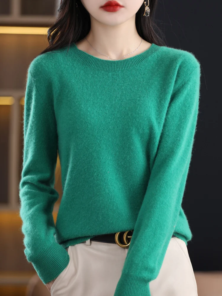 Autumn Winter Women O-Neck Pullover 100% Merino Wool Sweater Soft  Long Sleeve Cashmere Knitwear Solid Basic Style Korean Tops