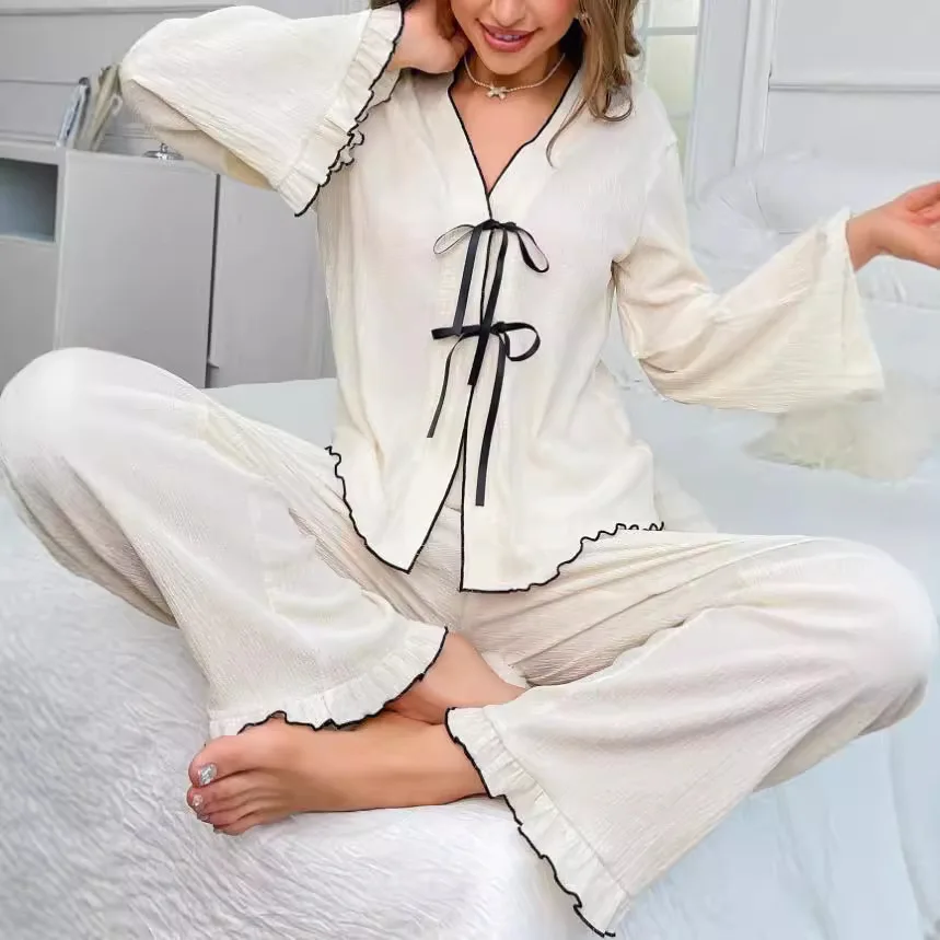 V-Neck Lace-Up Close-Edge Long-Sleeved Cardigan And Pants Set Women's Pajamas Loungewear Comfortable Sleepwear