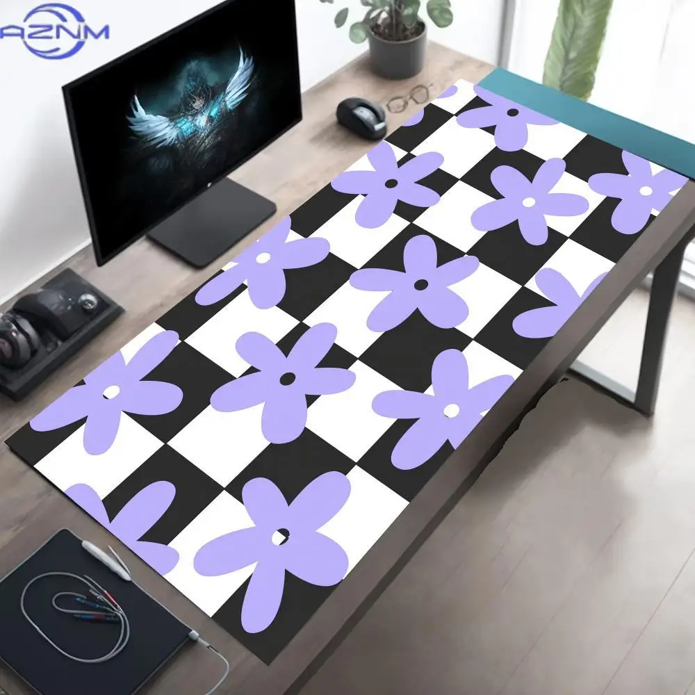 Retro Flower Checkered Mouse Pad XXL Large Gaming Rubber Deskmat Non-Slip Computer Game Keyboard Desk Mat Laptop Long Mousepad