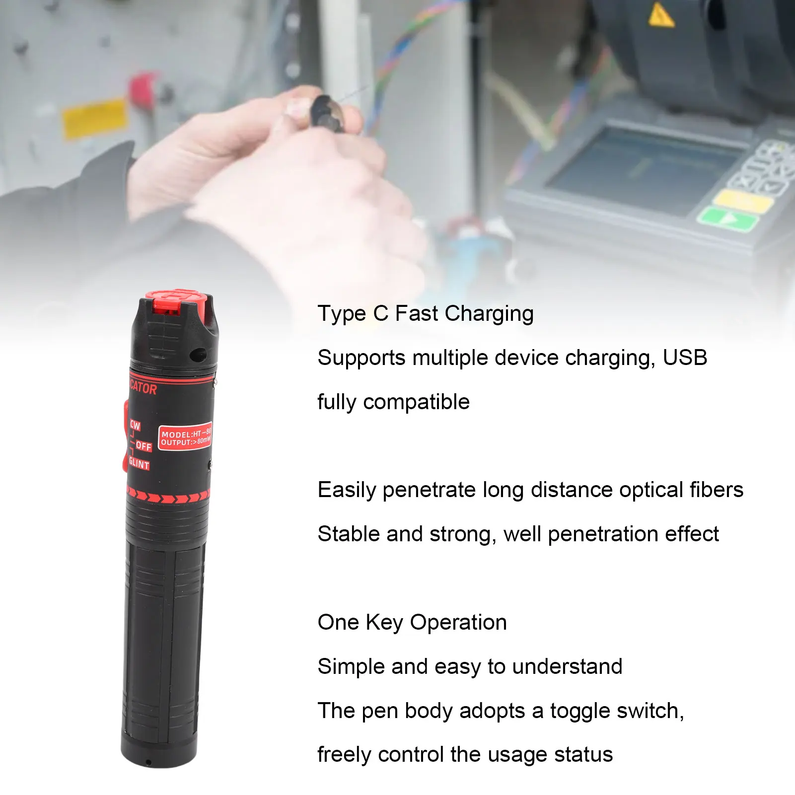 Волоконная световая ручка Волоконно-оптический визуальный локатор неисправностей 80 км 2,5 мм Универсальный разъем Несенсорный перезаряжаемый оптоволоконный ручка красного света