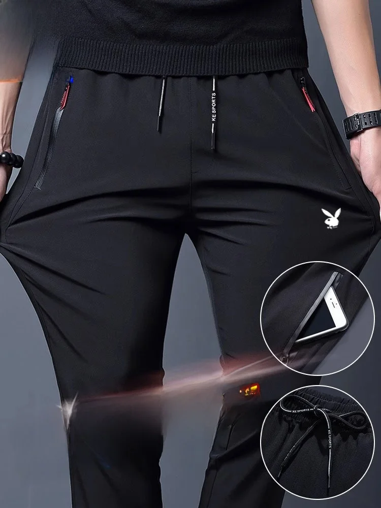 

Брюки из ледяного шелка, мужские летние тонкие новые 2025 эластичные спортивные брюки Qui Dry, повседневные прямые брюки из полиэфирного волокна 00%