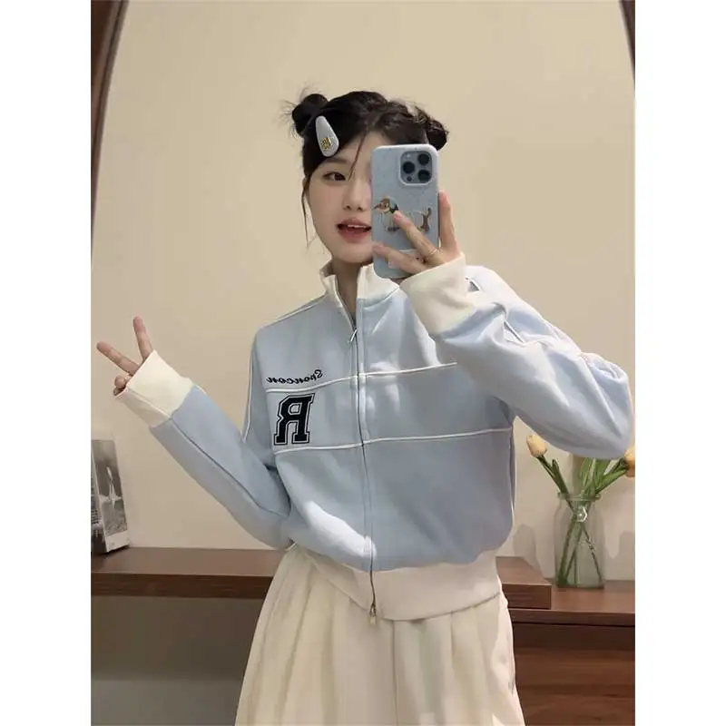 

Женская одежда, весенне-осенний модный повседневный кардиган на молнии, женский универсальный простой тренд, лоскутное пальто с вышивкой, футболка