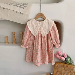 Korean Style Spring Autumn Baby Girls Dresses Pink Flower Print Lacy Border Pleated Princess Dresses