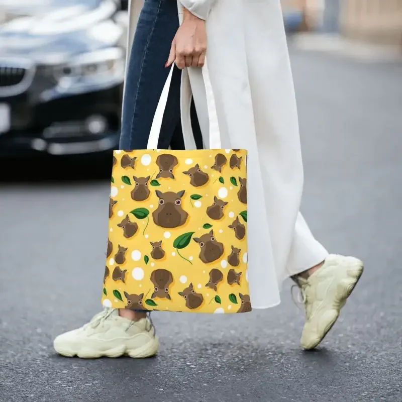 Capybara-Bolsos de compras de lona naranja personalizados para mujer, bolsos de mano lavables para compras de animales de comestibles y Mascotas