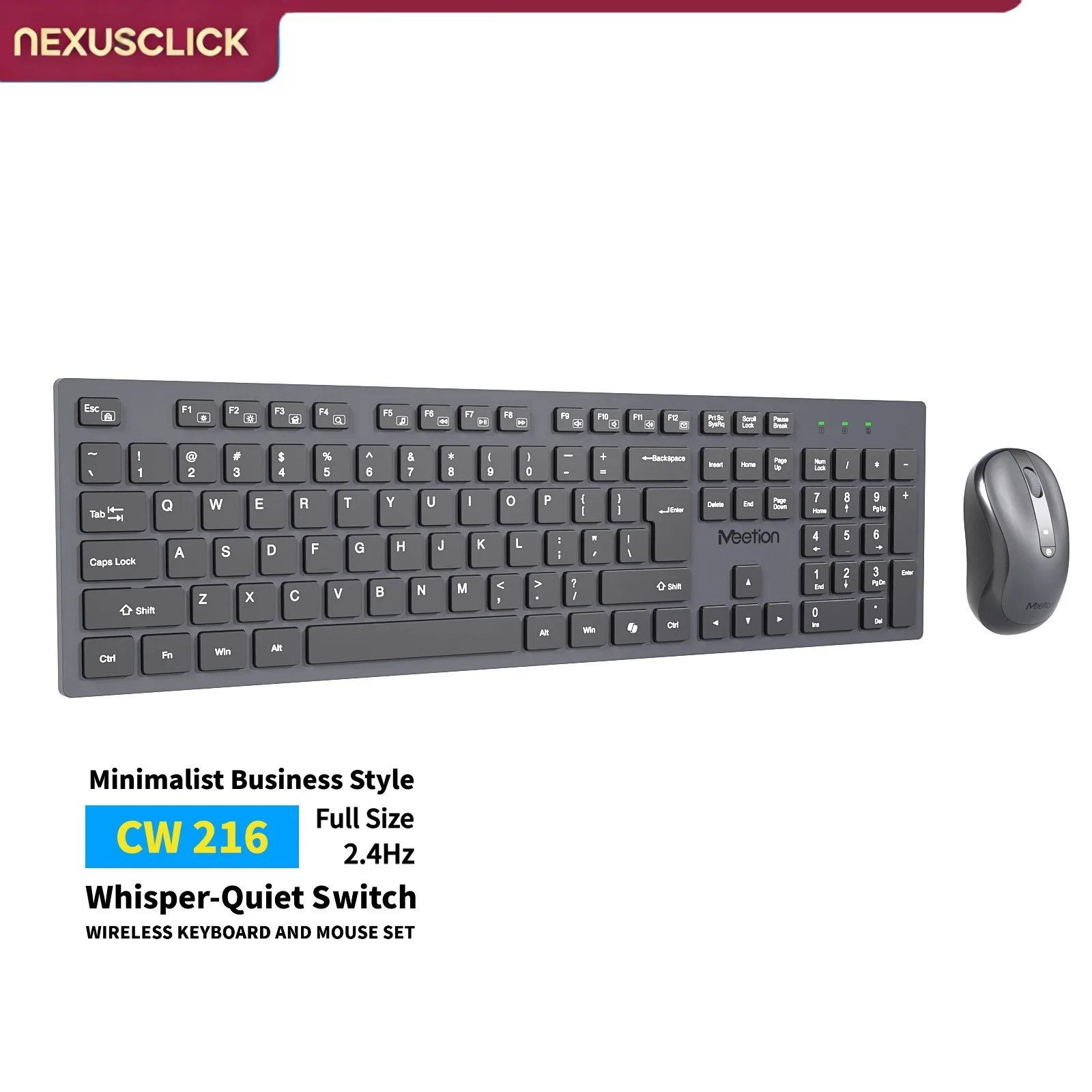 NexusClick Full Size 2.4G Wireless Keyboard Mouse Combo,Low Profile Quiet Switches Ergonomic Grip Battery Operated Kit for Home