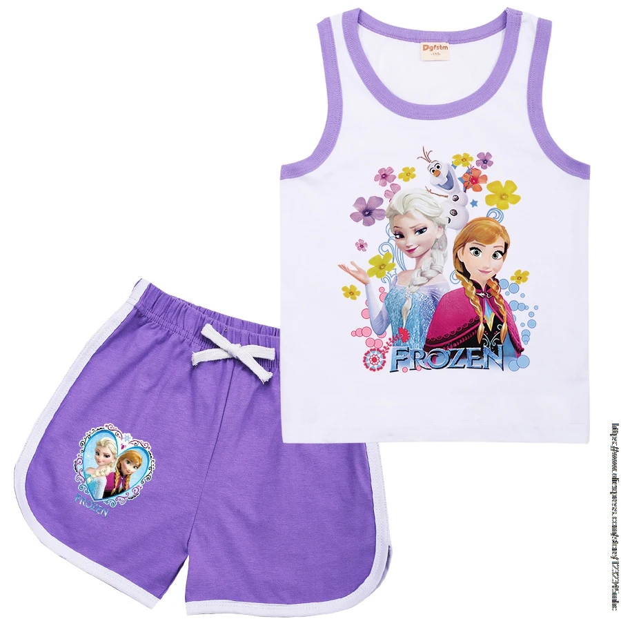 Children Clothing Sets Frozen Elsa Summer Soft Clothes Infant Girl Vest+pants Set Toddler Cotton Tee Tops Kid Sport Suits images - 6