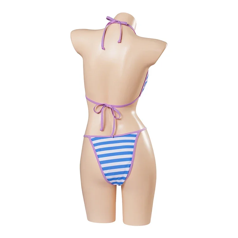 MN1 Me Me Me Cosplay Costume Blue Stripe Bikini Set Two-Piece Swimsuit Sexy Bikini Beachwear Woman Halloween Carnival Party 8/yG
