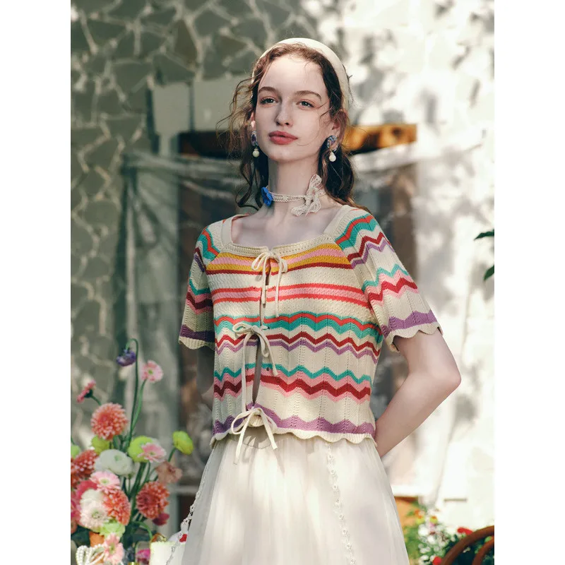 

Strappy Rainbow Wavy Knit Cardigan for Women – Soft & Stylish Spring/Summer Top
