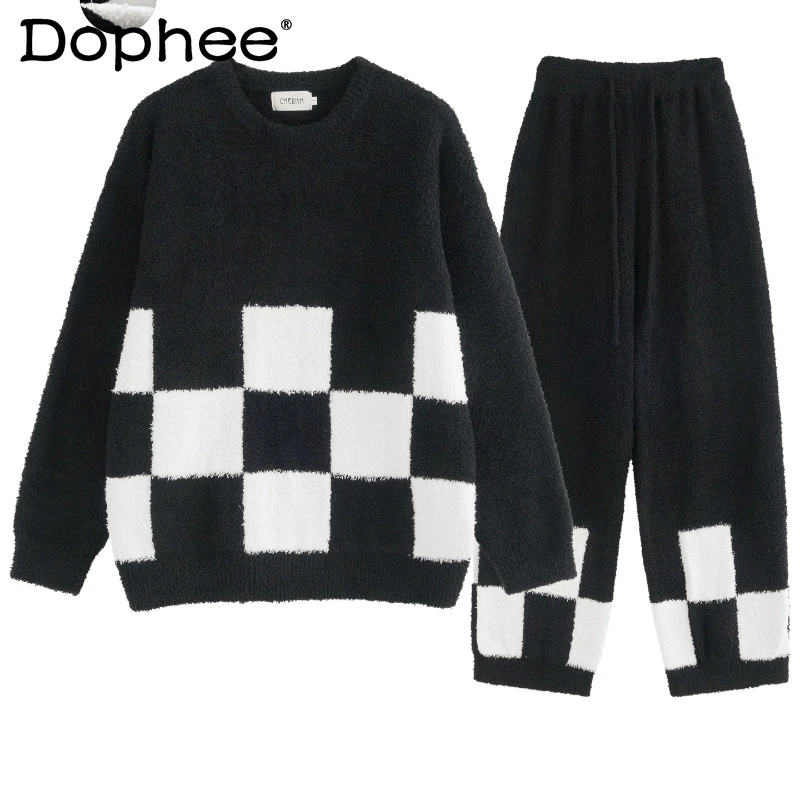 

2025 New Korean Style High-End Half-Fleece Pajamas for Women Autumn and Winter Thickened Plaid Homewear Set