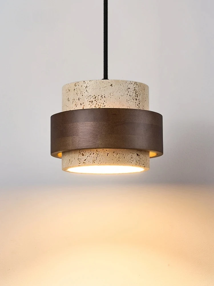 Wabi-Sabi Yellow Travertine Pendant Light for Kitchen Island, Bar Restaurant, Bedroom Bedside Walnut Wood Color Hanging Lamp