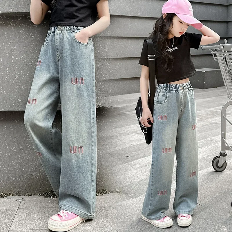 Girls Jeans 2024 Spring New Paste Cloth Embroidery Design Wide Leg Pants Kids Trendy Teenage Children's Trousers 8 10 14 Years