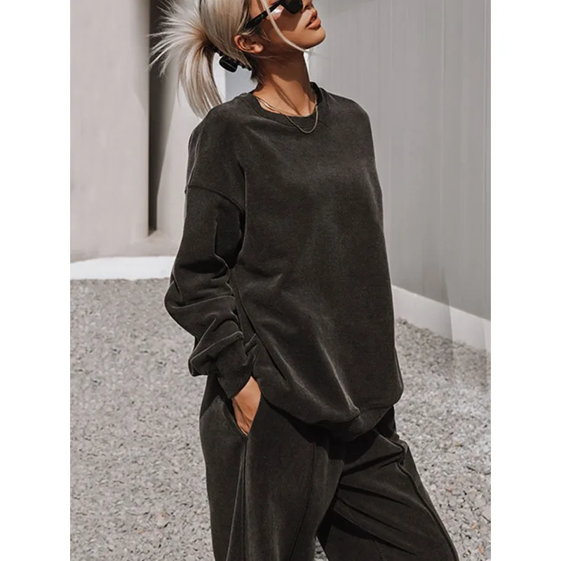 Krisnanas conjuntos de pantalones para mujer 2025 Otoño Invierno algodón sólido cuello redondo sudadera pantalones sueltos Casual nuevo en conjuntos a juego 88960