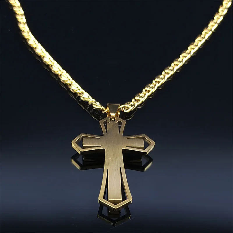 Christian Cross Crucifix Pendant Necklace Gold Color Stainless Steel Catholic Men Chain  Jewelry corrente masculina N4930S02