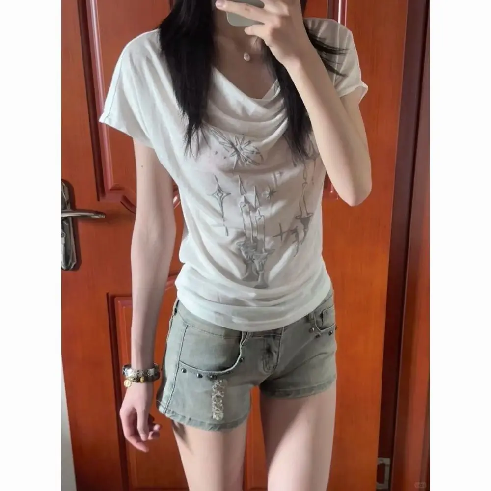 

American Swinging Neck Candle Print Short-sleeved T-shirt Women's Summer New Slim-fit Spice Girl Top