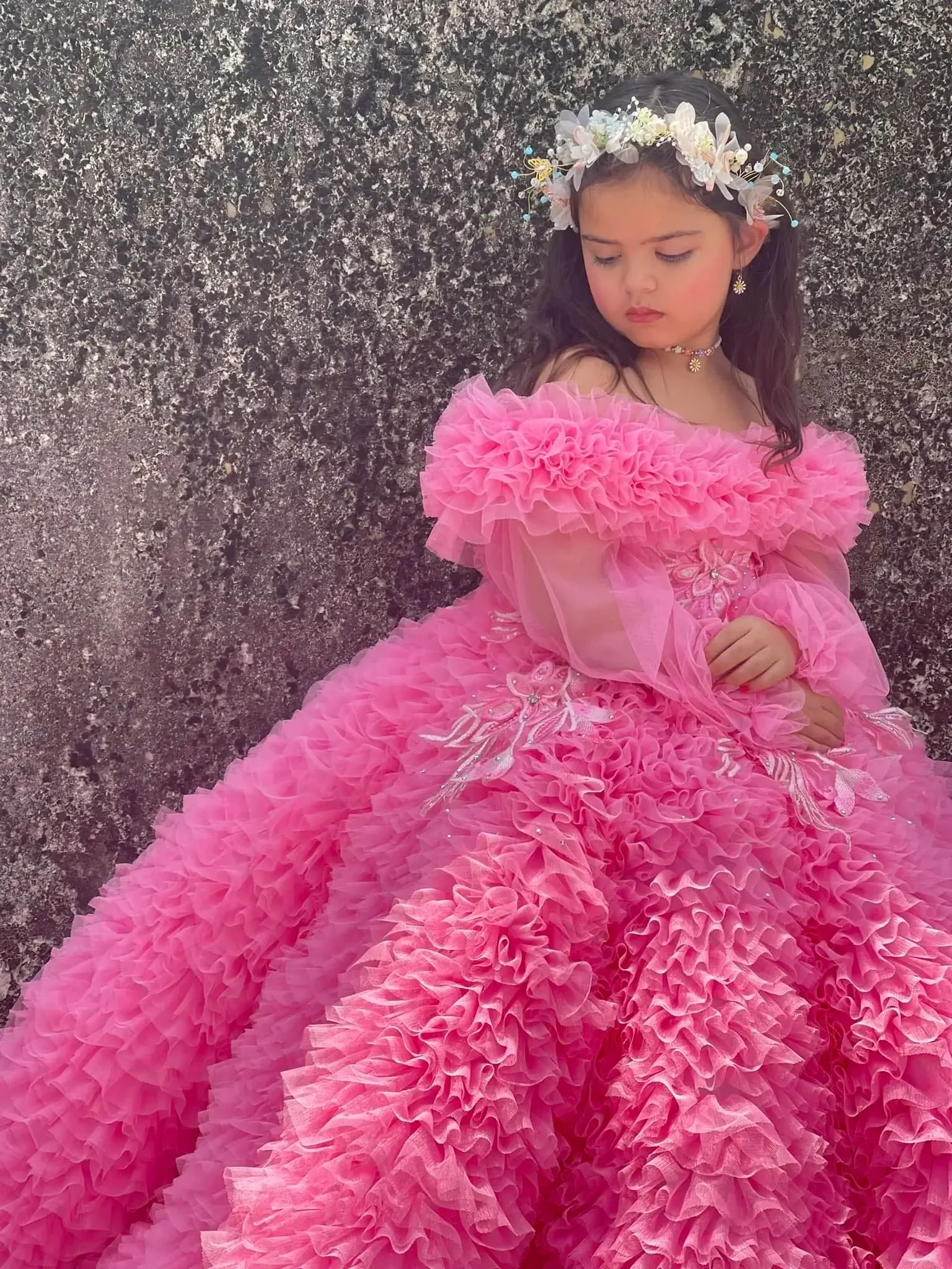 Felroze bloemenmeisjesjurk met ruches tule off-shoulder baljurk trouwjurk eerste kerstfeest luxe avondjurk voor meisjes