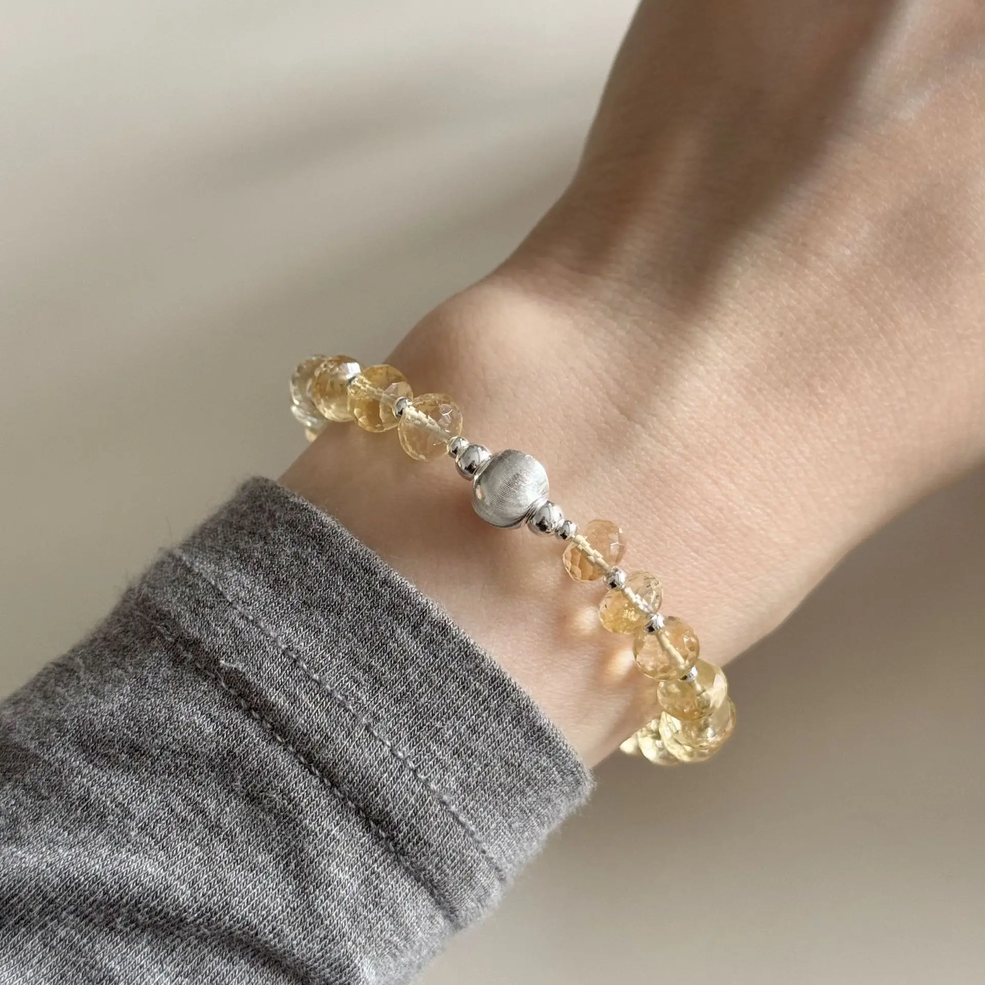 

Faceted Citrine Brushed Cat's Eye Beads Bracelet S925 Sterling Silver Elegant Versatile for Daily Wear Jewelry