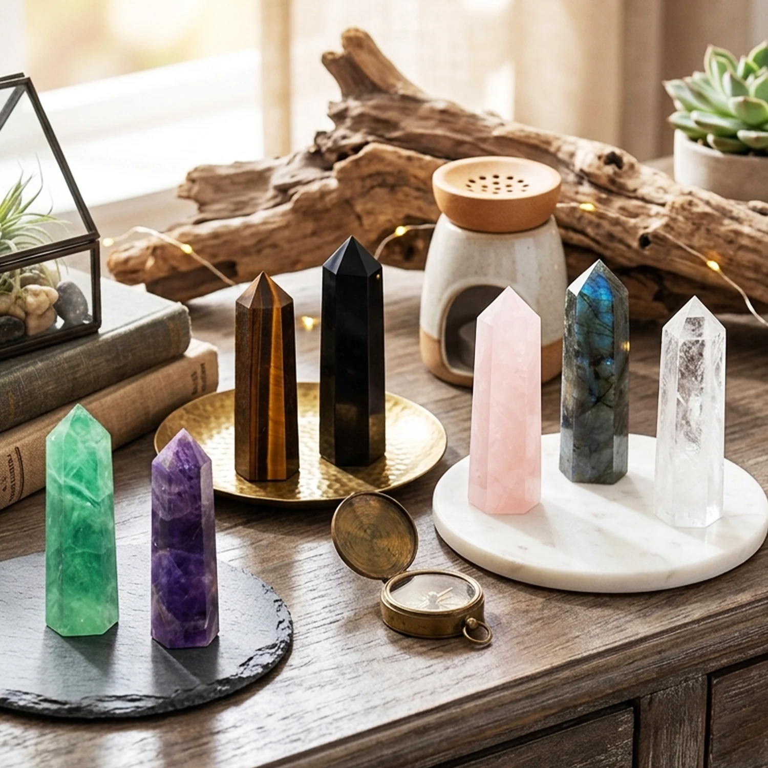 7Pcs 5-6cm Natural Gemstone Obelisk Tower Set Amethyst Black Obsidian Green Fluorite Clear Quartz Rose Quartz Labradorite Tiger Eye Reiki Energy Chakra Balancing Home Decor Gift
