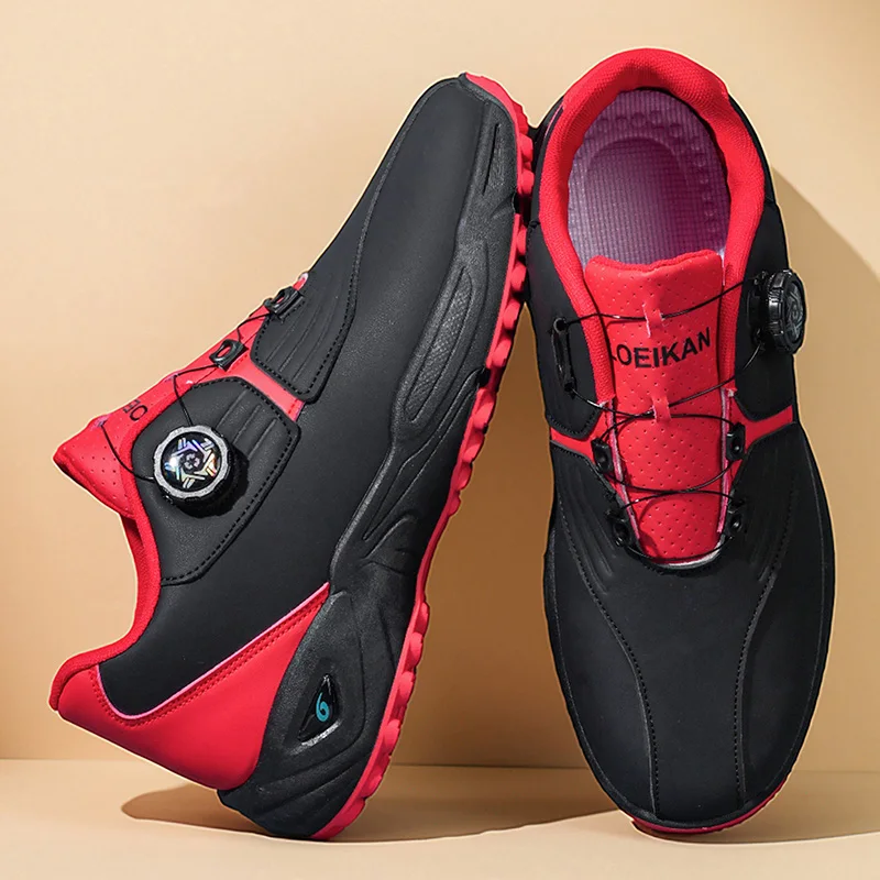 Men Rotary Buckle Golf Shoes Waterproof Leather Air Cushion Non Slip Breathable Training Sneakers 2 Colors