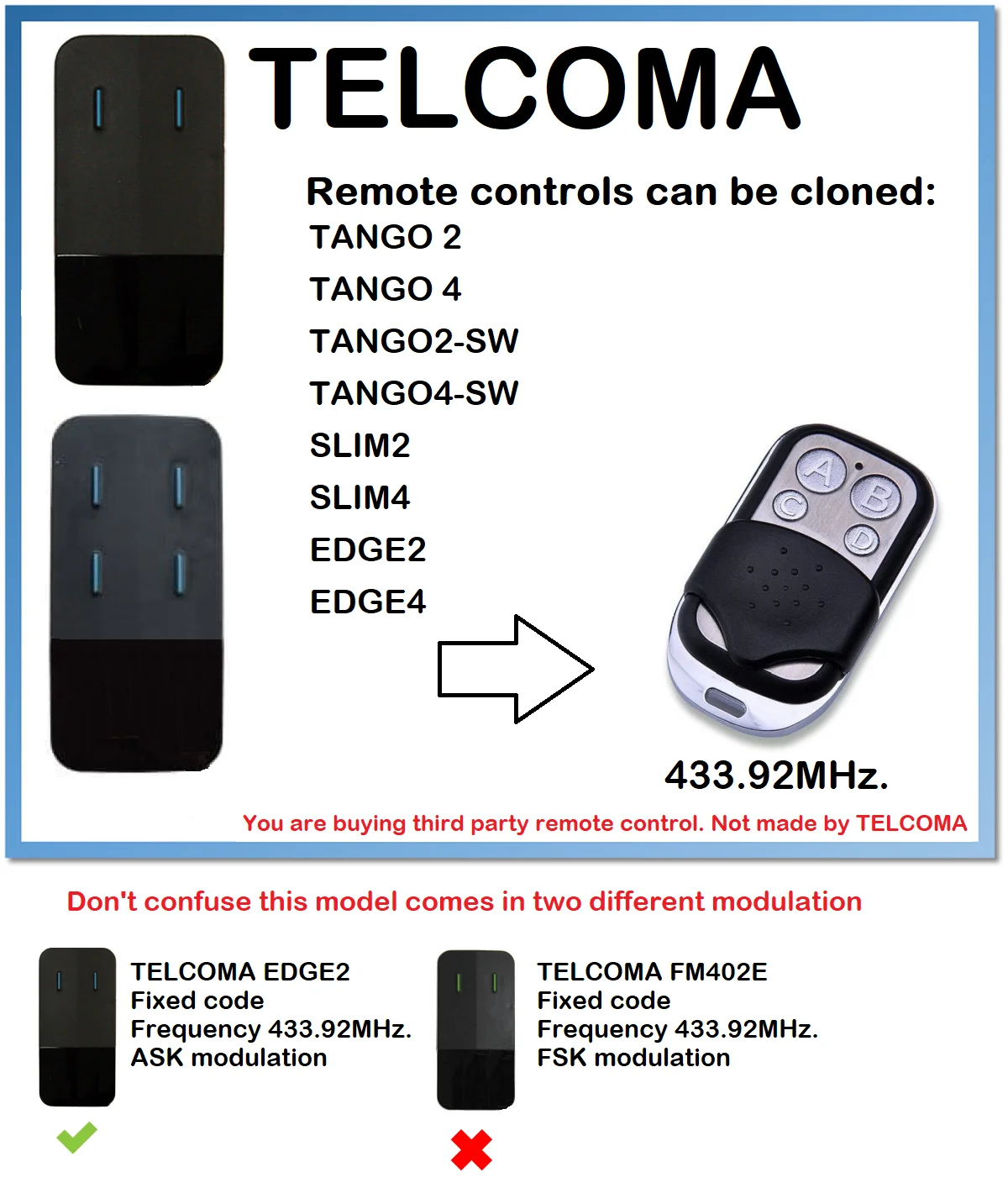 433MHz TELCOMA EDGE 2, EDGE 4 Garage Door Remote Control Wireless Remote Transmitter For Access Control Commands