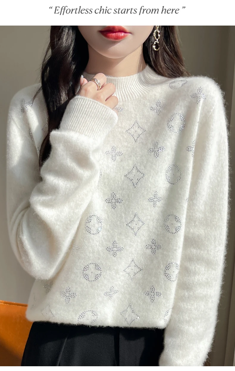 Pure woolen sweater for women with white perm and coat with cashmere knitted bottoming sweater and cashmere top