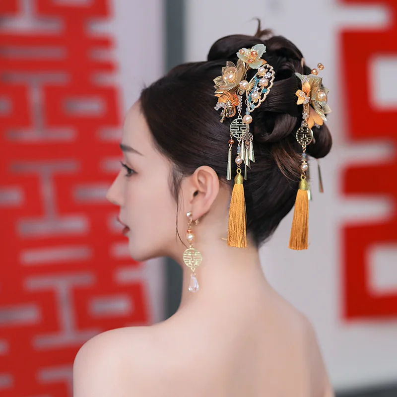 NiuShuya Graceful Classical Chinese Xiuhe Fan Flower Designs Costume Hair Accessories Hanfu Hairpin Set Jewelries