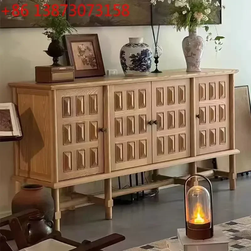 French solid wood retro living room storage locker wabi wind dining side cabinet American three-dimensional engraving decorative