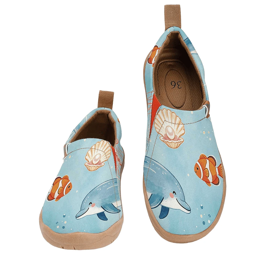 Women's Wide Toe Box Cute Dolphin Marine Life Print Slip‑On Shoes, Soft Sole Breathable Canvas Casual Walking Flats