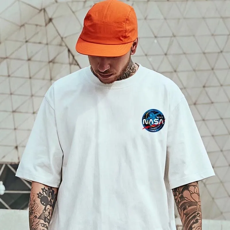 8XL Men Oversized Fashion American Vintage Astronaut NASA pattern Print Short Sleeve Round Neck Versatile Trend Couple outfit image 5