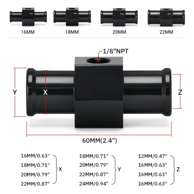 Black Water Temp Gauge Radiator Temperature Water Temp Joint Pipe Sensor 18MM 20MM 22MM 24MM Hose Adapter