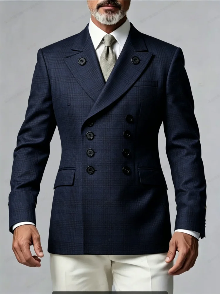 Mens Navy Blue Microgrid Check Peak Lapel Double Breasted Suit Jacket Blazer