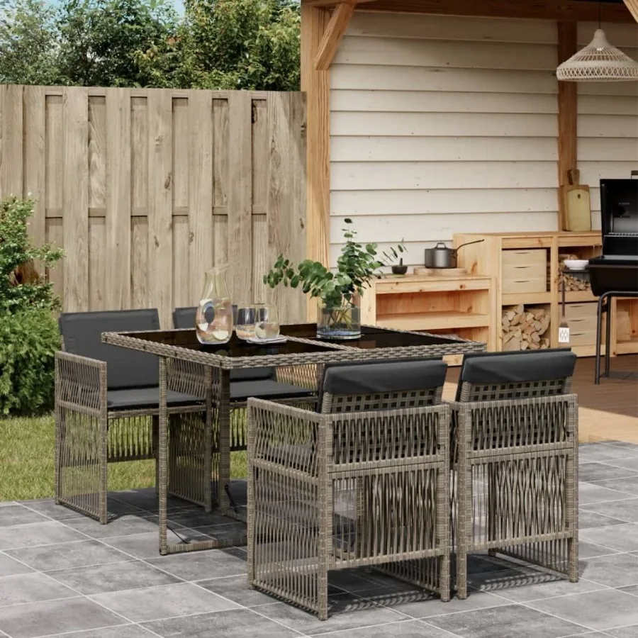 

Garden Dining Set Gray PE Rattan PowderCoated Steel Tempered Glass