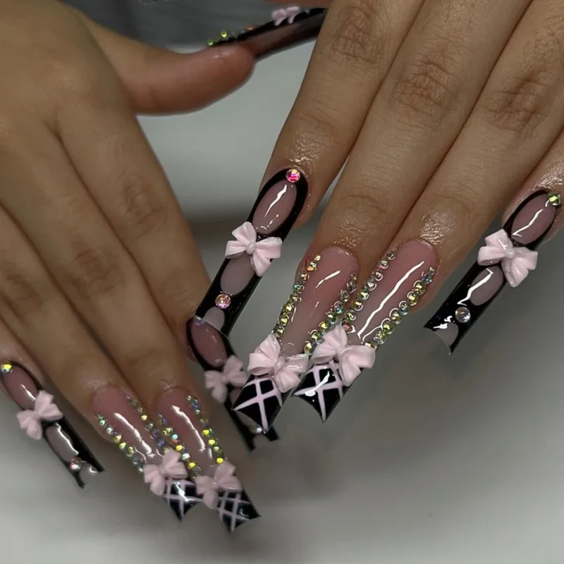 

24PCS Long Square False Nails Y2k Black French Nails 3D Pink Bowknot Fake Nails for Spice Girls with Diamonds Wearable Press On