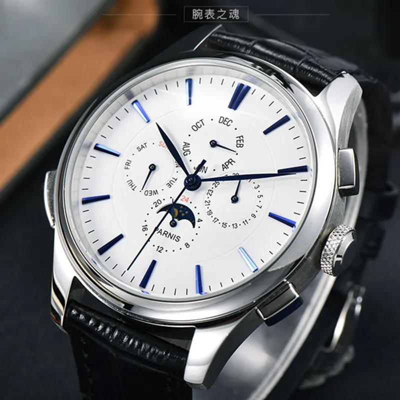 

Parnis Men's 44MM Automatic Mechanical Watch, Men's Business Leather Strap, Multifunction Moon Phase, Genuine Calendar, Large Di