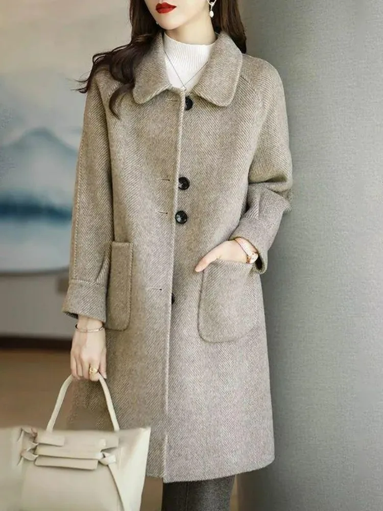 

Ele Women's Mid-Length Woolen Coat Slimming Autumn Winter High-End Faion Outerwear Sweet Sle Regular Sve ket
