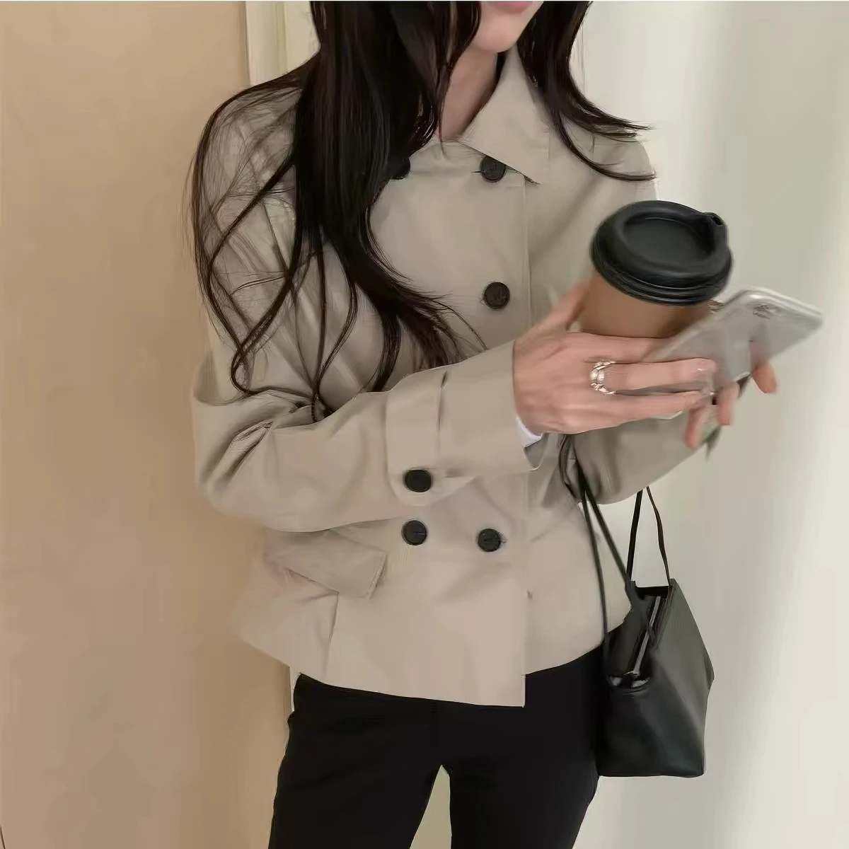 New Long Sleeve Windbreaker Double Row Button Korean Style Collar Jacket Casual Fashion Women's Polyester Fibre Outerwear